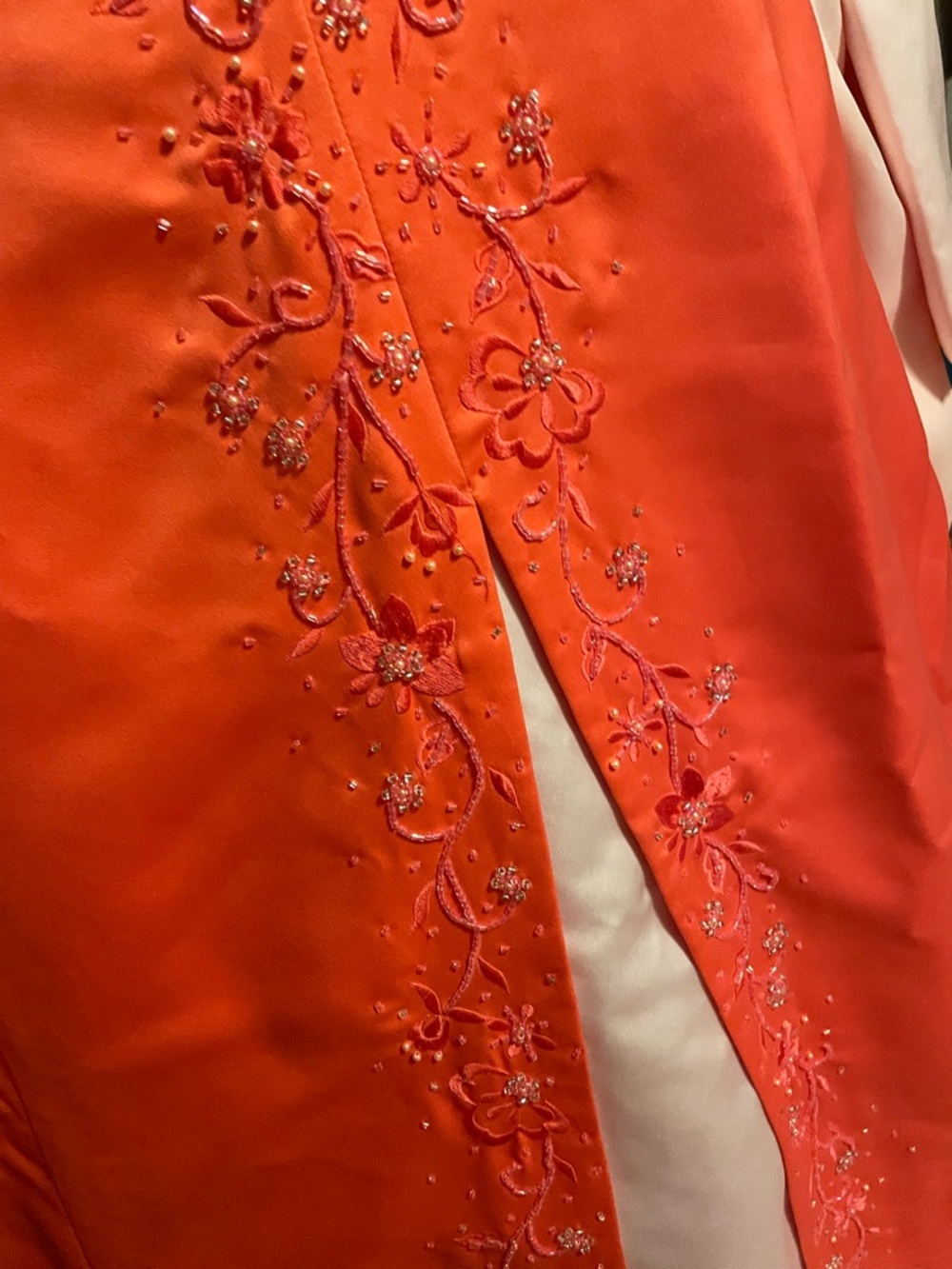 Embroidered Coral Pink Floral Satin Dress and Shawl